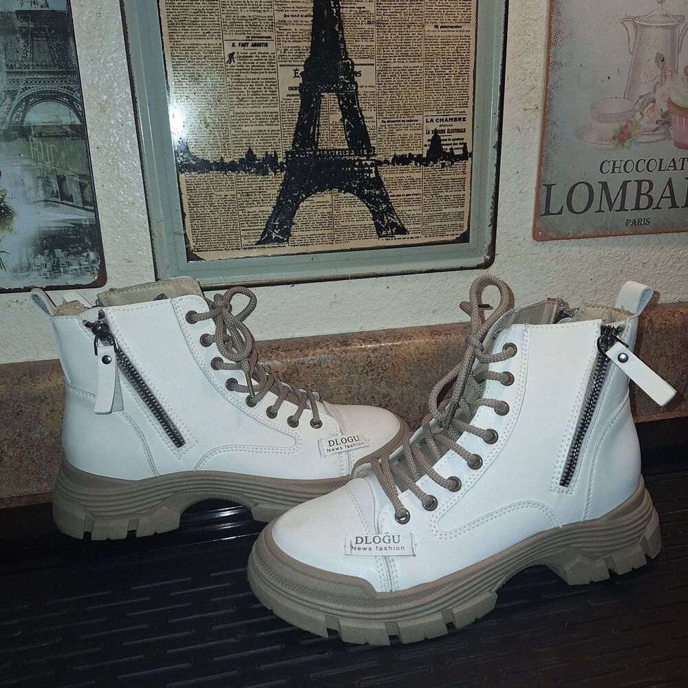 Combat Boots Ladies 8.5 Boots Beige Round Toe Lace Up/Zip Ankle Platform